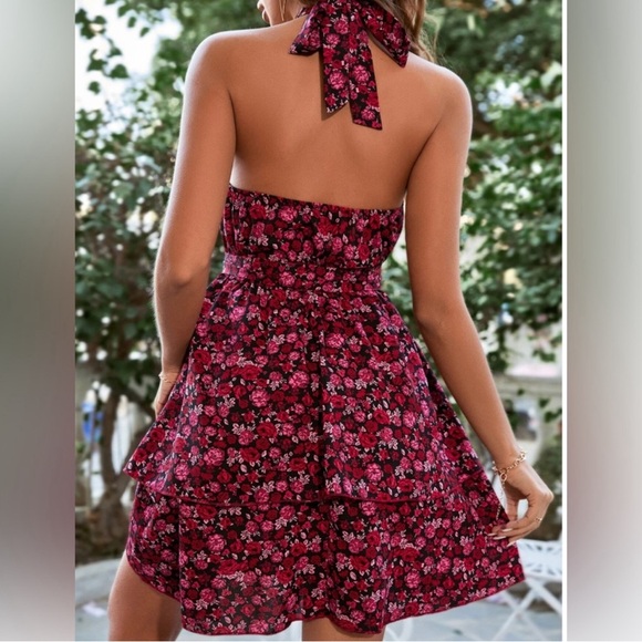 Rose Floral Print Layered Ruffle Hem Belted Halter Dress - Picture 2 of 5